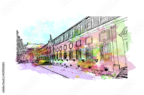 Building view with landmark of Guimaraes is a city in northern Portugal. Watercolor splash with hand drawn sketch illustration in vector.