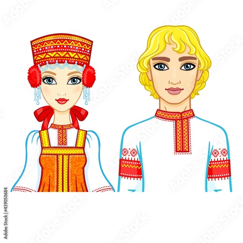Animation portrait of a family in ancient Russian clothes. Vector illustration isolated on a white background.