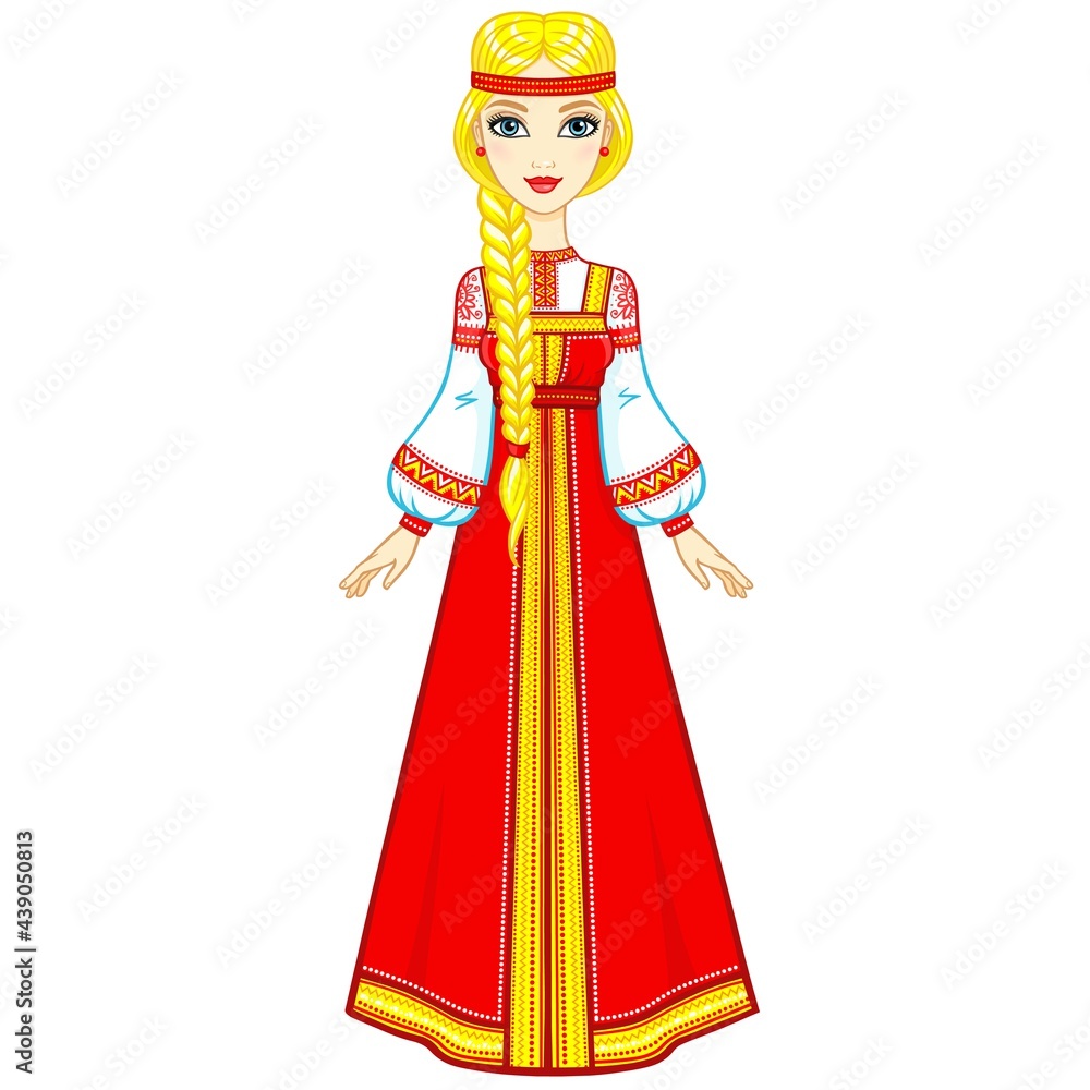 Animation portrait of the beautiful girl in an ancient Russian dress. Full growth. Vector illustration isolated on a white background.