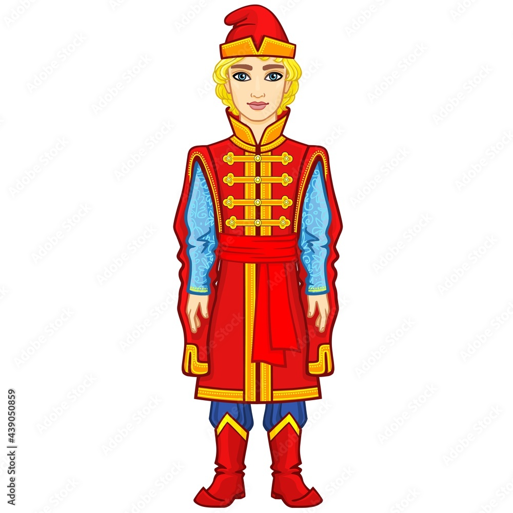 Portrait of a young Slavic man in ancient Russian clothes. Fairy tale prince. Full growth. Vector illustration isolated on a white background.