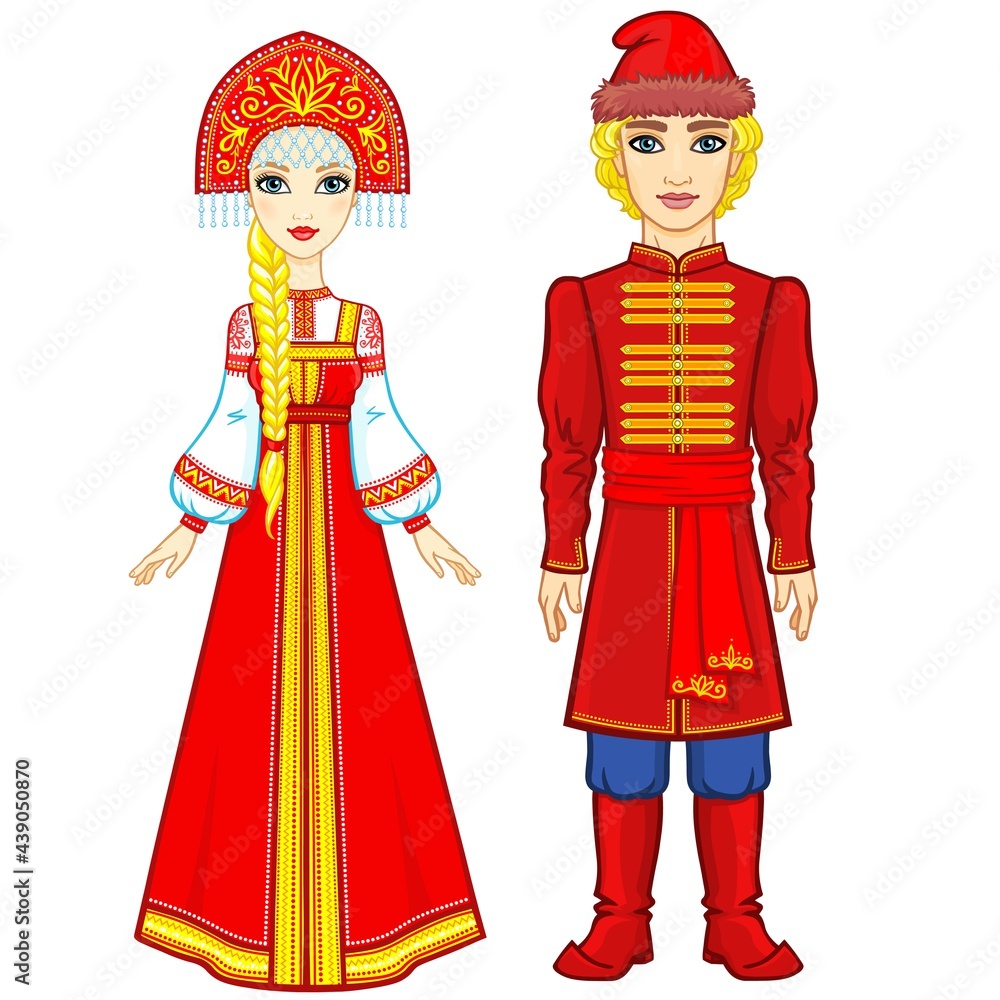 Portrait of a family in ancient Russian clothes. Fairy tale character. Full growth. Vector illustration isolated on a white background.