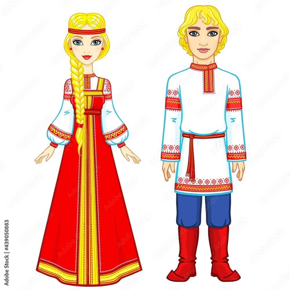 Portrait of a family in ancient Russian clothes. Fairy tale character. Full growth. Vector illustration isolated on a white background.
