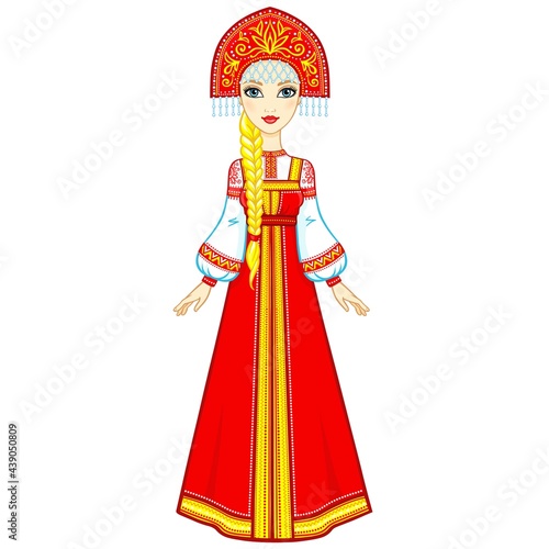 Portrait of a beautiful girl in an ancient Russian dress. Sundress, kokoshnik. Full growth. Vector illustration isolated on a white background.