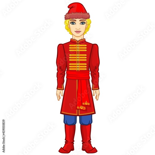 Portrait of a young Slavic man in ancient Russian clothes. Full growth. Vector illustration isolated on a white background.