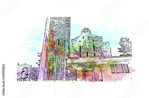 Building view with landmark of Guimaraes is a city in northern Portugal. Watercolor splash with hand drawn sketch illustration in vector.