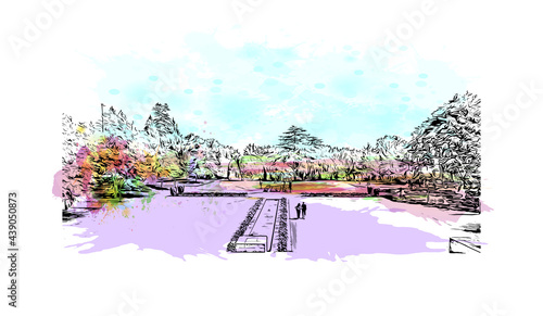 Building view with landmark of Guimaraes is a city in northern Portugal. Watercolor splash with hand drawn sketch illustration in vector.