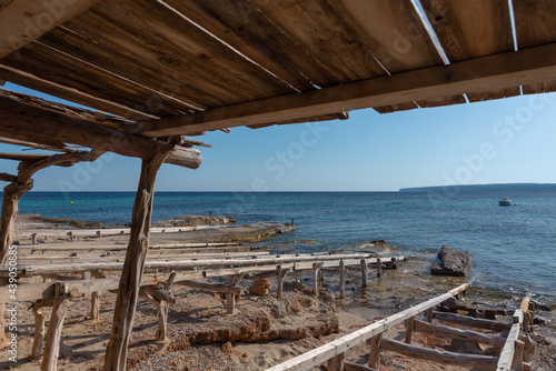 Fisherman s docks Migjorn beach in Formentera in Spain