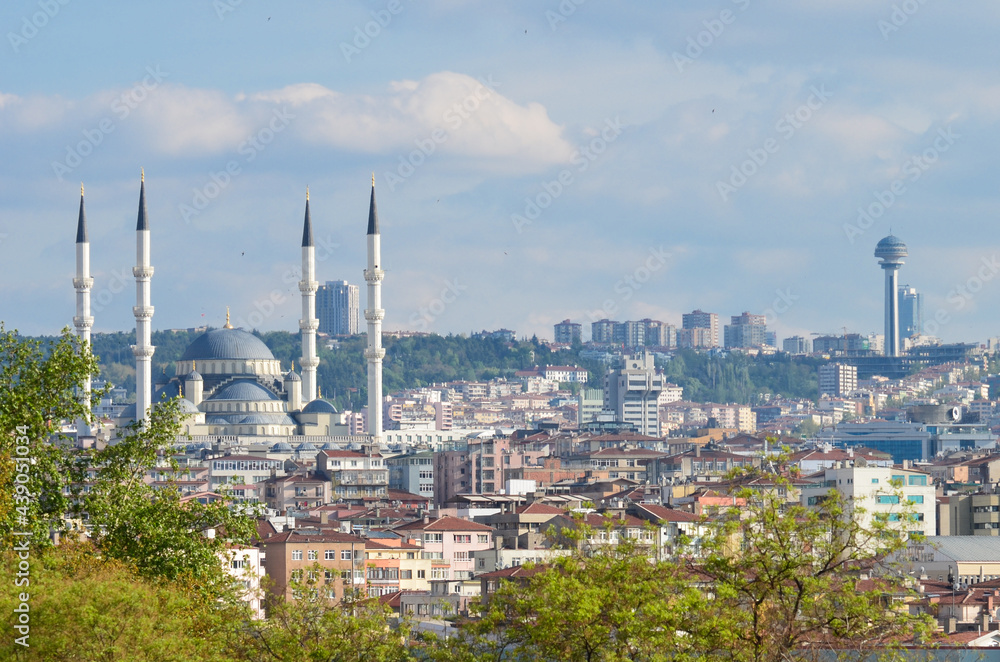 Ankara cityscape as seen from Hamamonu district with a view of Kocatepe Mosque and Atakule Tower - Ankara, Turkey