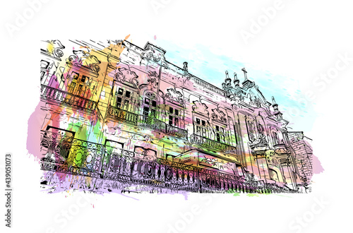 Building view with landmark of Guimaraes is a city in northern Portugal. Watercolor splash with hand drawn sketch illustration in vector.