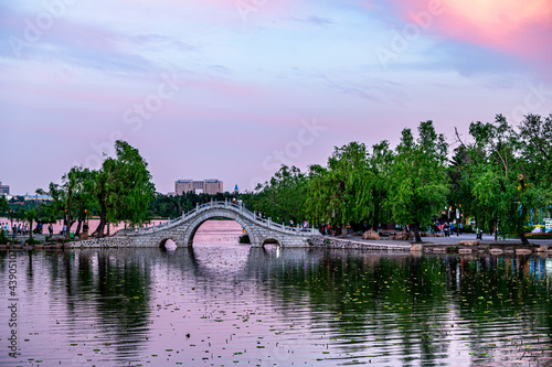 The scenery of Nanhu Park in Changchun, China after sunset