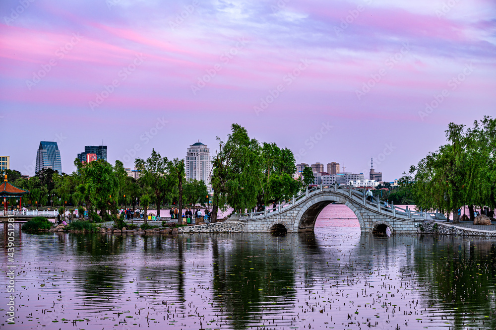 The scenery of Nanhu Park in Changchun, China after sunset