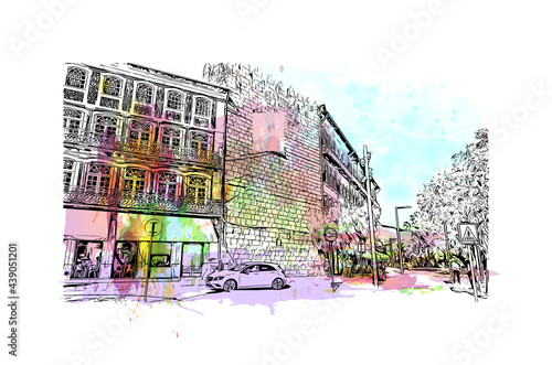Building view with landmark of Guimaraes is a city in northern Portugal. Watercolor splash with hand drawn sketch illustration in vector.