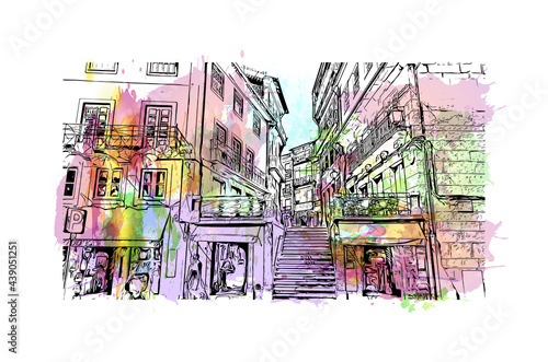Building view with landmark of Guimaraes is a city in northern Portugal. Watercolor splash with hand drawn sketch illustration in vector.