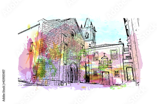 Building view with landmark of Guimaraes is a city in northern Portugal. Watercolor splash with hand drawn sketch illustration in vector.