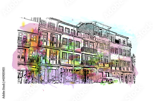 Building view with landmark of Guimaraes is a city in northern Portugal. Watercolor splash with hand drawn sketch illustration in vector.