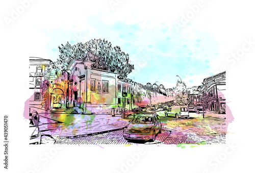 Building view with landmark of Guimaraes is a city in northern Portugal. Watercolor splash with hand drawn sketch illustration in vector.