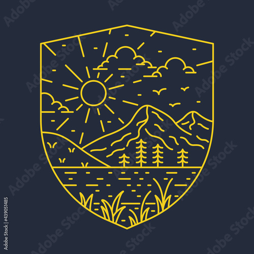 Nature adventure wild mountain river line badge patch pin graphic illustration vector art t-shirt design