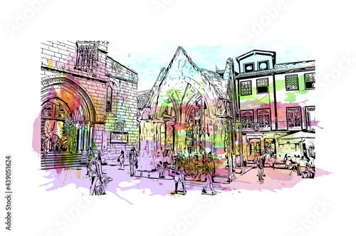 Building view with landmark of Guimaraes is a city in northern Portugal. Watercolor splash with hand drawn sketch illustration in vector.