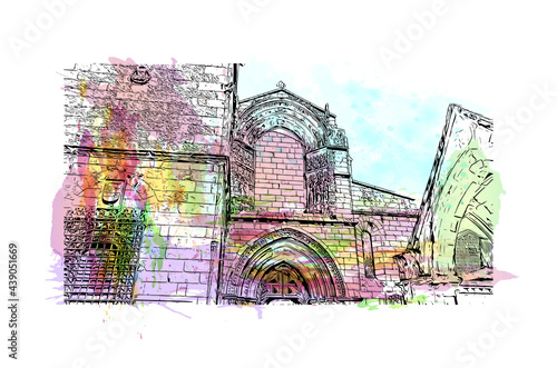 Building view with landmark of Guimaraes is a city in northern Portugal. Watercolor splash with hand drawn sketch illustration in vector.