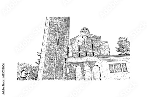 Building view with landmark of Guimaraes is a city in northern Portugal. Hand drawn sketch illustration in vector.