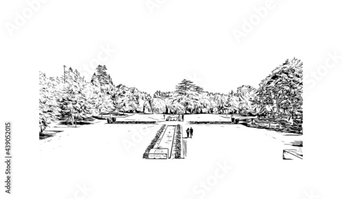 Building view with landmark of Guimaraes is a city in northern Portugal. Hand drawn sketch illustration in vector.