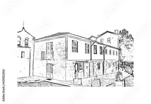 Building view with landmark of Guimaraes is a city in northern Portugal. Hand drawn sketch illustration in vector.