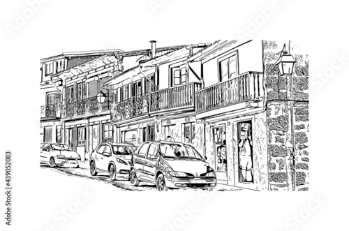 Building view with landmark of Guimaraes is a city in northern Portugal. Hand drawn sketch illustration in vector.