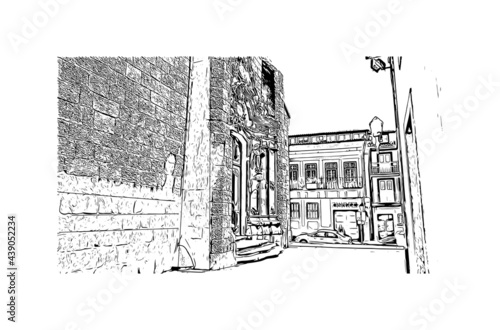 Building view with landmark of Guimaraes is a city in northern Portugal. Hand drawn sketch illustration in vector.