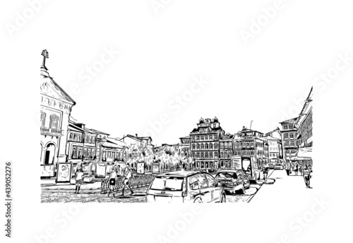 Building view with landmark of Guimaraes is a city in northern Portugal. Hand drawn sketch illustration in vector.