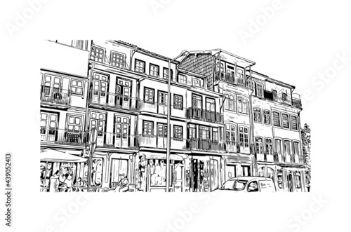 Building view with landmark of Guimaraes is a city in northern Portugal. Hand drawn sketch illustration in vector.