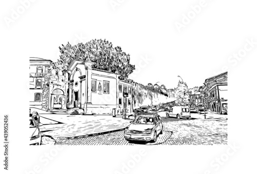 Building view with landmark of Guimaraes is a city in northern Portugal. Hand drawn sketch illustration in vector.