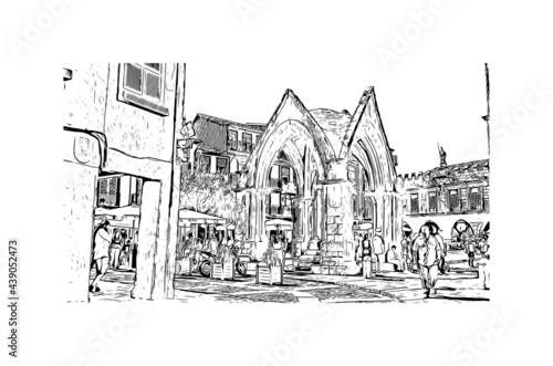 Building view with landmark of Guimaraes is a city in northern Portugal. Hand drawn sketch illustration in vector.