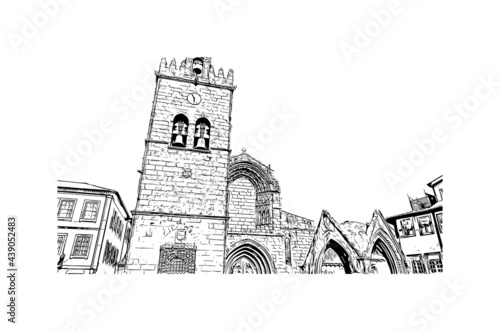 Building view with landmark of Guimaraes is a city in northern Portugal. Hand drawn sketch illustration in vector.