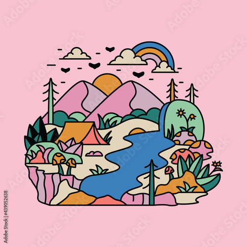 Camping nature adventure wild mountain river colorful graphic illustration vector art t-shirt design