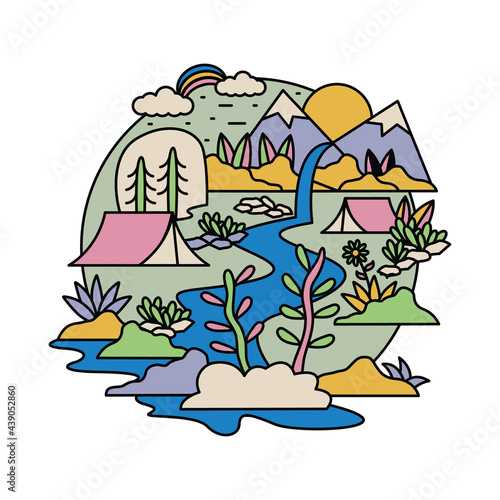 Camping nature adventure wild river mountain colorful graphic illustration vector art t-shirt design