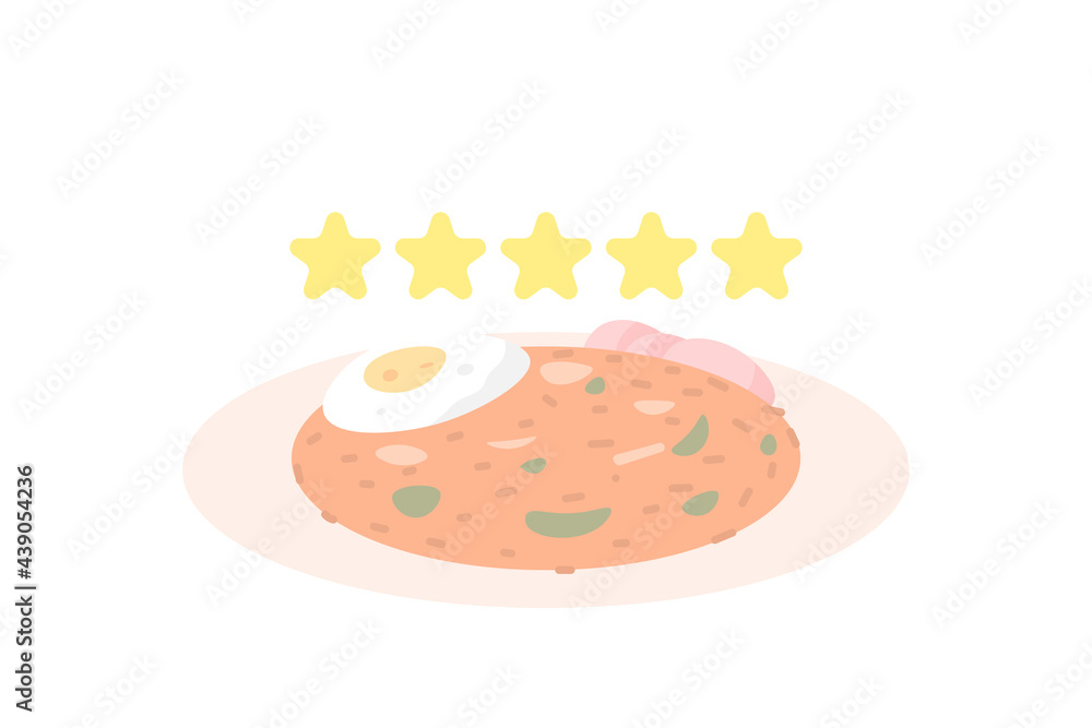 food concept rating, review, quality level. top quality or premium food. illustration of a plate of fried rice topped with eggs, sliced chicken, and vegetables. flat style. vector design food concept rating, review, quality level. top quality or premium food. illustration of a plate of fried rice topped with eggs, sliced chicken, and vegetables. flat style. vector design