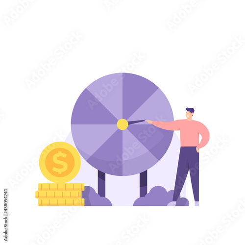 lucky draw concept. illustration of a man trying to spin the wheel for prize money. lottery machine. mysterious gifts and surprises. gambling. flat cardboard style. vector design.