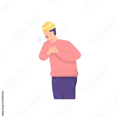 illustration of indian man holding his chest. experience shortness of breath, pain or chest pain. breath and nervous. flat cartoon style. vector design