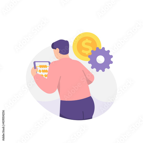 the concept of accountant, treasurer, financial management staff. a man is using an abacus to count money. employee or worker. flat cartoon style. vector design