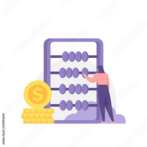 the concept of accountant, treasurer, financial management staff. a woman is using an abacus to count money. employee or worker. flat cartoon style. vector design