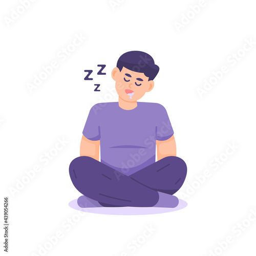 illustration of a man sitting cross-legged while sleeping or dozing off. due to fatigue. drooling. flat cartoon style. vector design