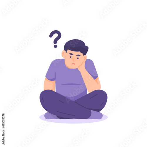 illustration of a man sitting cross-legged thinking about something. need answers, worried or anxious, confused. support the chin with the hand. flat cartoon style. vector design