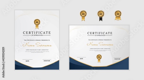 Certificate of appreciation template, gold and blue color. Clean modern certificate with gold badge. Certificate border template with luxury and modern line pattern. Diploma vector template