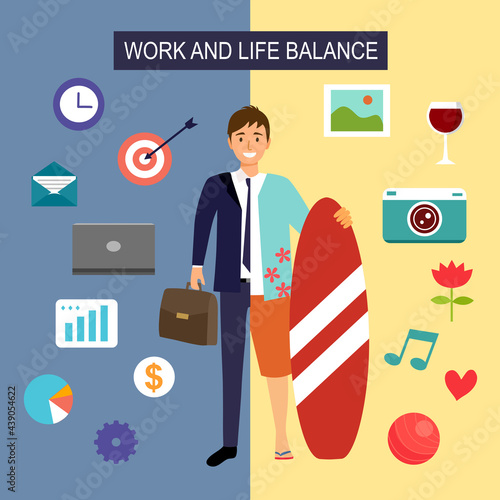 Work and life balance concept vector illustration. Half man in suit with business icon and another half man holding surfboard with relaxing activities icon in flat design.