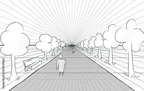 horizon road perspective example. grid background 3d Vector illustration. projection template. Line one point perspective perspective sheme