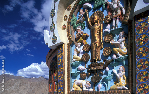 India, Ladakh, Leh District, Lamayuru, Buddha bas relief on stupa in Buddhist Lamayuru Monastery photo