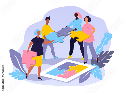 vector illustration on the theme of teamwork. people carry puzzle pieces. friendly staff, close-knit work. illustration for web, magazines, apps 