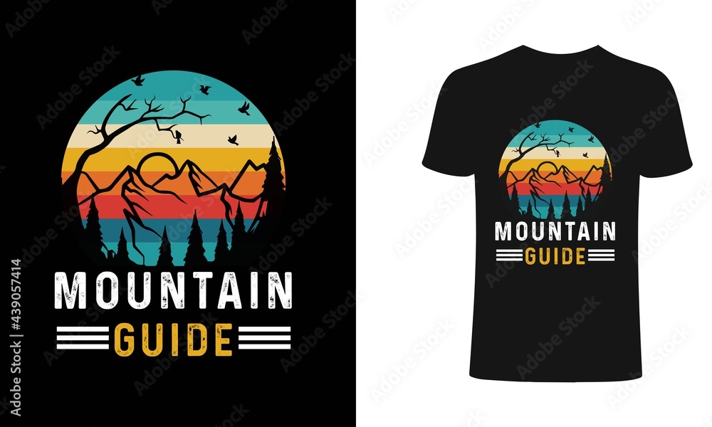 Mountain Guide typography graphics  t-shirt with sun and stripes. Mountain adventure print for apparel, t-shirt design.