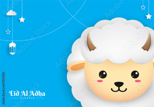 Eid Al Adha Mubarak celebration card with paper art sheep hanging on blue background. Use for banner, poster, flyer, brochure sale template.