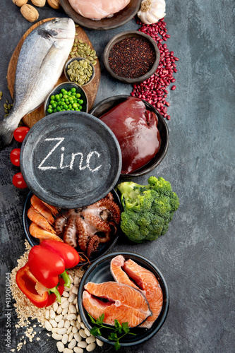 Fototapeta Naklejka Na Ścianę i Meble -  Food high in zinc on dark background. Healthy eating concept.